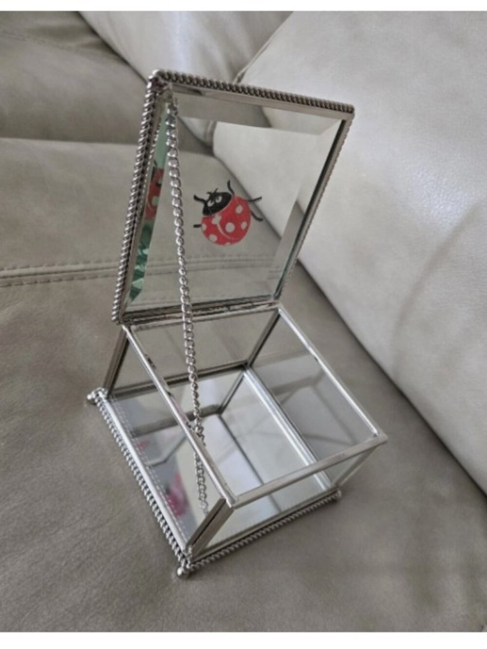 Vintage Jewelry Keepsake Glass Silver Color Metal Square Box Ladybug Hinged Lid